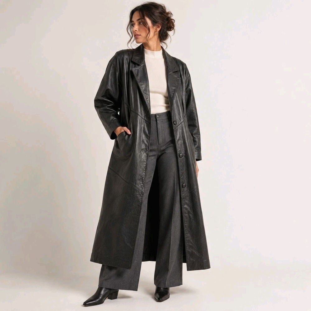 Wilsons Leather Trench Coat Black Duster Small Thinsulate Batwing Dolman Long - Picture 1 of 16